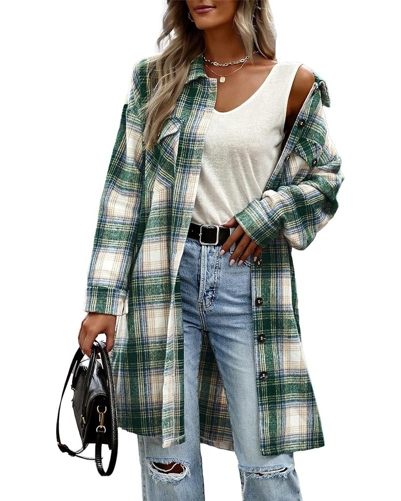 Women's Plaid Shirt Shacket Jacket 2024 Casual Button Down Long Sleeve Tartan Long Lapel Woolen Coats with Pockets Green&whit...