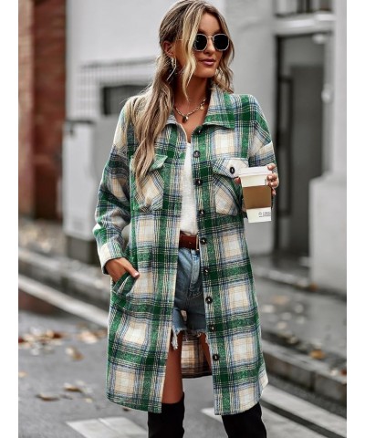 Women's Plaid Shirt Shacket Jacket 2024 Casual Button Down Long Sleeve Tartan Long Lapel Woolen Coats with Pockets Green&whit...