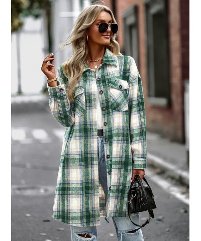 Women's Plaid Shirt Shacket Jacket 2024 Casual Button Down Long Sleeve Tartan Long Lapel Woolen Coats with Pockets Green&whit...