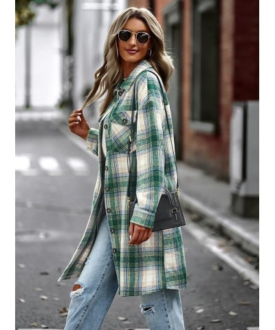 Women's Plaid Shirt Shacket Jacket 2024 Casual Button Down Long Sleeve Tartan Long Lapel Woolen Coats with Pockets Green&whit...