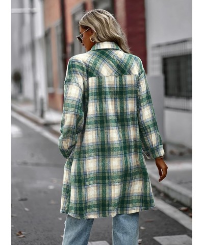 Women's Plaid Shirt Shacket Jacket 2024 Casual Button Down Long Sleeve Tartan Long Lapel Woolen Coats with Pockets Green&whit...