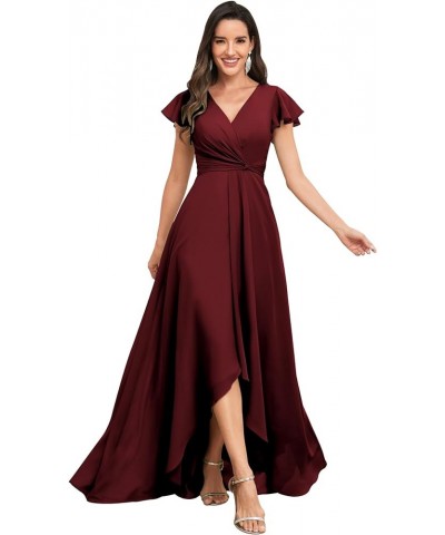 High Low Short Sleeve Bridesmaid Dresses for Women Long Chiffon Pleated V Neck Prom Formal Evening Dress Burgundy $29.14 Dresses