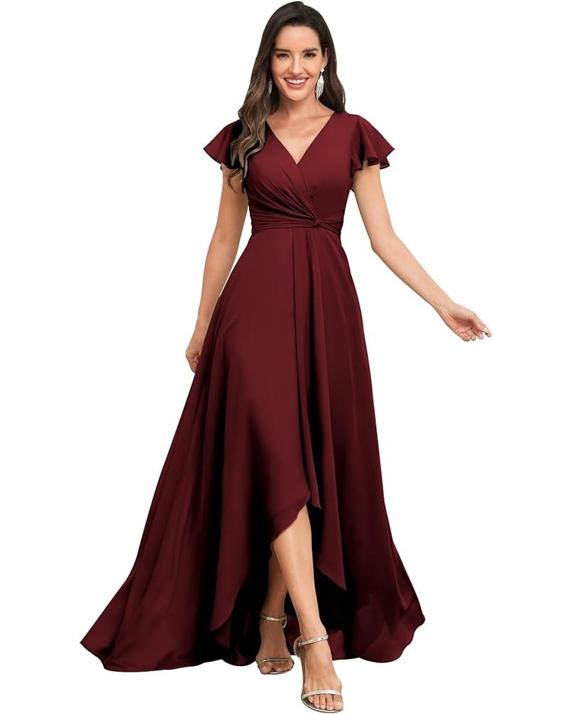 High Low Short Sleeve Bridesmaid Dresses for Women Long Chiffon Pleated V Neck Prom Formal Evening Dress Burgundy $29.14 Dresses