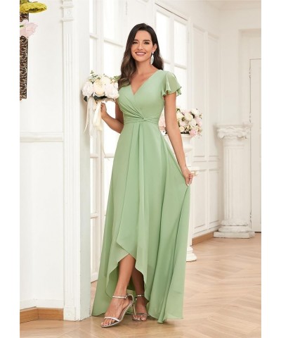 High Low Short Sleeve Bridesmaid Dresses for Women Long Chiffon Pleated V Neck Prom Formal Evening Dress Burgundy $29.14 Dresses