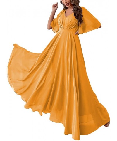 Women Slit Bridesmaid Dresses Batwing Sleeves V Neck Long Chiffon Formal Party Evening Dress with Pocket ABC093 Mustard Yello...