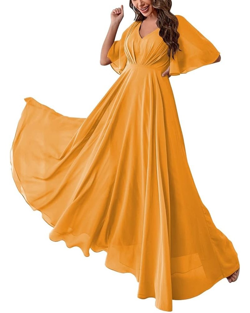 Women Slit Bridesmaid Dresses Batwing Sleeves V Neck Long Chiffon Formal Party Evening Dress with Pocket ABC093 Mustard Yello...