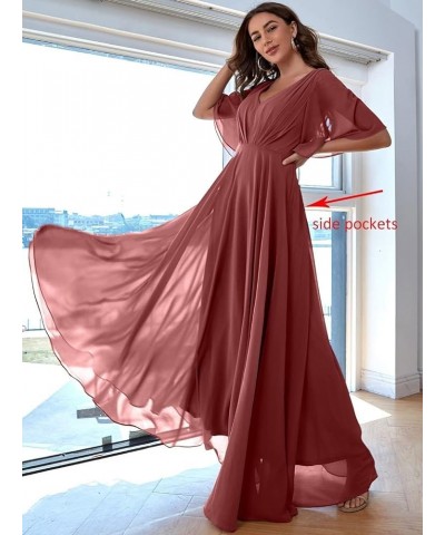 Women Slit Bridesmaid Dresses Batwing Sleeves V Neck Long Chiffon Formal Party Evening Dress with Pocket ABC093 Mustard Yello...