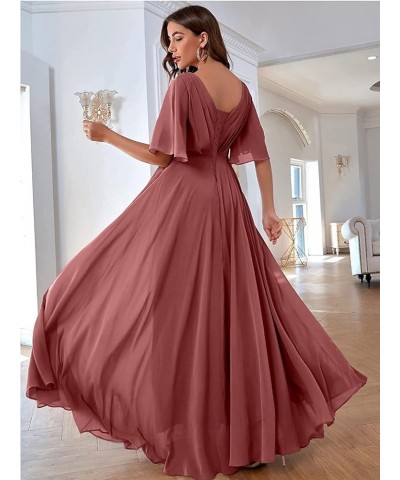 Women Slit Bridesmaid Dresses Batwing Sleeves V Neck Long Chiffon Formal Party Evening Dress with Pocket ABC093 Mustard Yello...