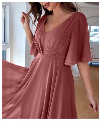 Women Slit Bridesmaid Dresses Batwing Sleeves V Neck Long Chiffon Formal Party Evening Dress with Pocket ABC093 Mustard Yello...