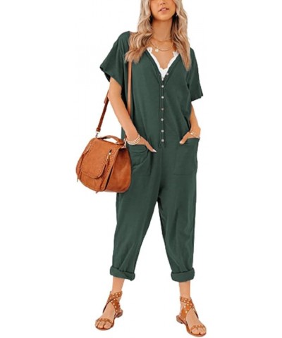 Oversize Women's One Piece Button Up Jumpsuit Casual Loose Short Sleeve V Neck Onesies Rompers With Pockets Dark Green $22.50...