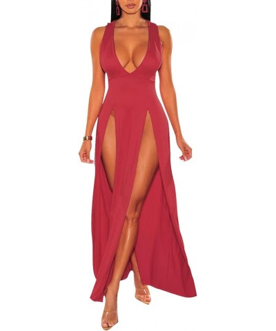 Women's Sexy V Neck Sleeveless High Split Club Party Maxi Dresses Red $20.39 Dresses