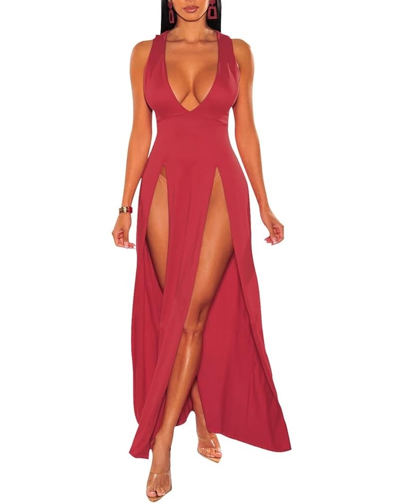 Women's Sexy V Neck Sleeveless High Split Club Party Maxi Dresses Red $20.39 Dresses