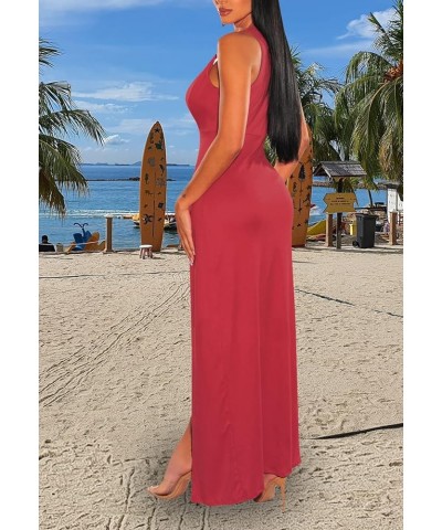 Women's Sexy V Neck Sleeveless High Split Club Party Maxi Dresses Red $20.39 Dresses