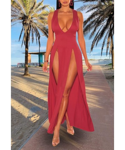 Women's Sexy V Neck Sleeveless High Split Club Party Maxi Dresses Red $20.39 Dresses