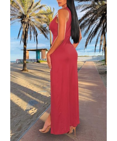 Women's Sexy V Neck Sleeveless High Split Club Party Maxi Dresses Red $20.39 Dresses