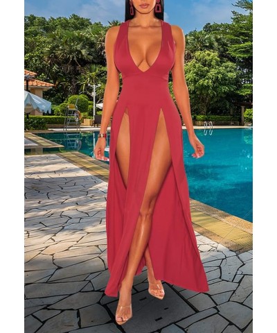 Women's Sexy V Neck Sleeveless High Split Club Party Maxi Dresses Red $20.39 Dresses