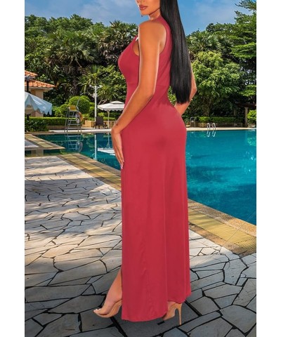 Women's Sexy V Neck Sleeveless High Split Club Party Maxi Dresses Red $20.39 Dresses