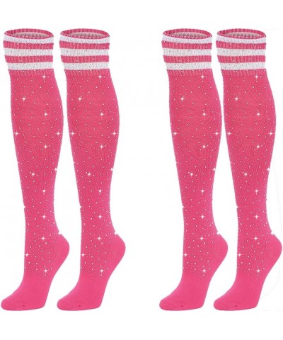 Woman's Rhinestone Over Knee High Socks Stripe Knit Stockings Leg Warmers for Christmas Valentines day Events 2 Pairs Pink Wi...