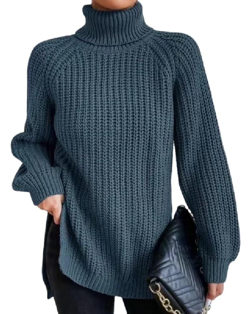 Trendy Turtleneck Sweater Women Split Hem Long Sleeve Dressy Pullover Sweaters Casual Work Greyblue $15.54 Sweaters