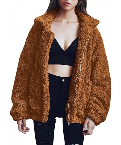 Women's Fashion Winter Coat Long Sleeve Lapel Zip Up Faux Shearling Shaggy Oversized Shacket Jacket Golden $31.85 Coats