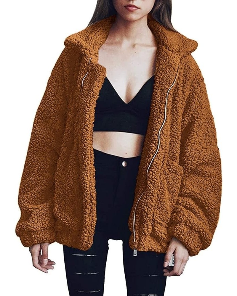 Women's Fashion Winter Coat Long Sleeve Lapel Zip Up Faux Shearling Shaggy Oversized Shacket Jacket Golden $31.85 Coats