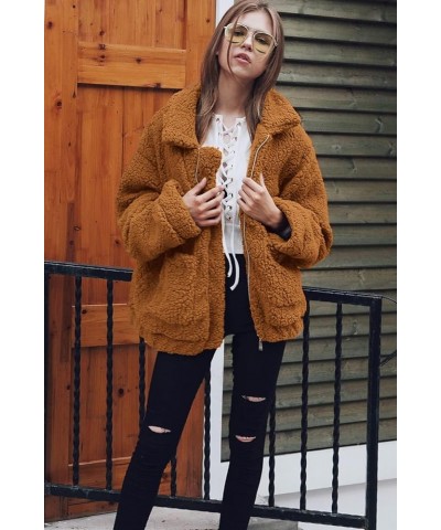 Women's Fashion Winter Coat Long Sleeve Lapel Zip Up Faux Shearling Shaggy Oversized Shacket Jacket Golden $31.85 Coats