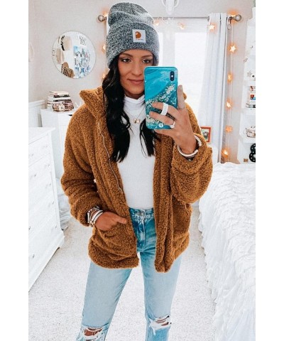 Women's Fashion Winter Coat Long Sleeve Lapel Zip Up Faux Shearling Shaggy Oversized Shacket Jacket Golden $31.85 Coats