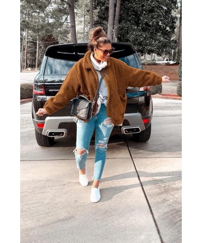 Women's Fashion Winter Coat Long Sleeve Lapel Zip Up Faux Shearling Shaggy Oversized Shacket Jacket Golden $31.85 Coats