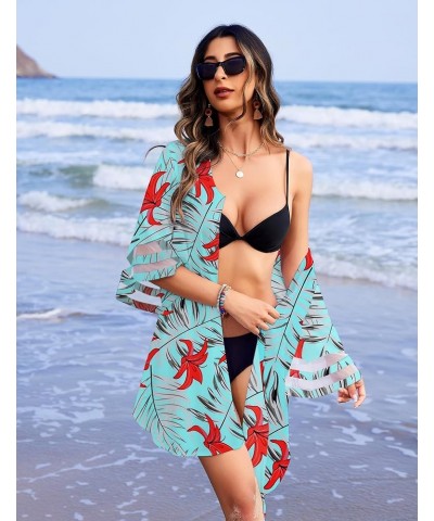 Women's Swimwear Cover Ups for Beach,V-Neck Button Down Kimono Cardigans Swimsuit Coverup for Women S-XXXL Mint Blue Tropical...