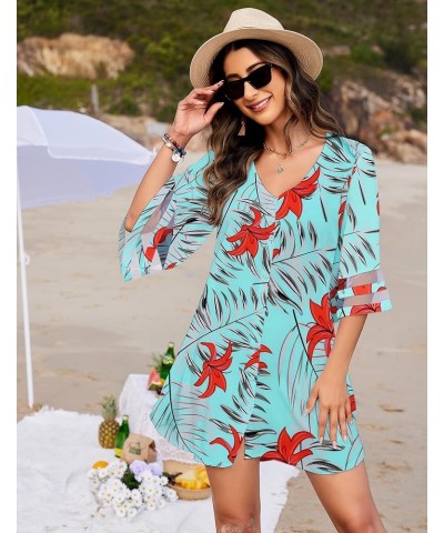 Women's Swimwear Cover Ups for Beach,V-Neck Button Down Kimono Cardigans Swimsuit Coverup for Women S-XXXL Mint Blue Tropical...