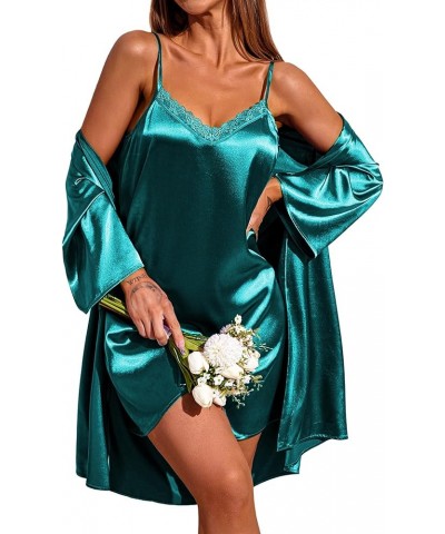 Women's Satin Kimono Robes for Bridesmaids Silk Nightgown and Robes Lace Cami Sleepwear with Robe 06 Blue Green $17.63 Robes