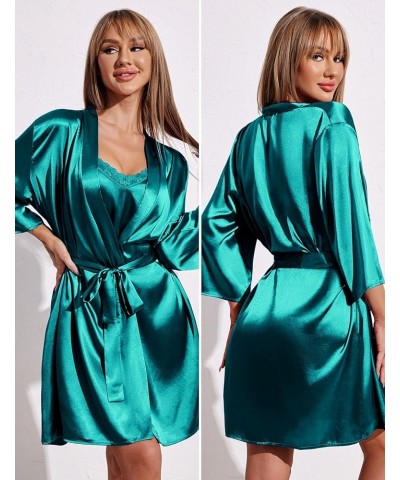 Women's Satin Kimono Robes for Bridesmaids Silk Nightgown and Robes Lace Cami Sleepwear with Robe 06 Blue Green $17.63 Robes