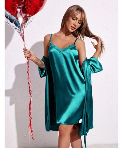 Women's Satin Kimono Robes for Bridesmaids Silk Nightgown and Robes Lace Cami Sleepwear with Robe 06 Blue Green $17.63 Robes