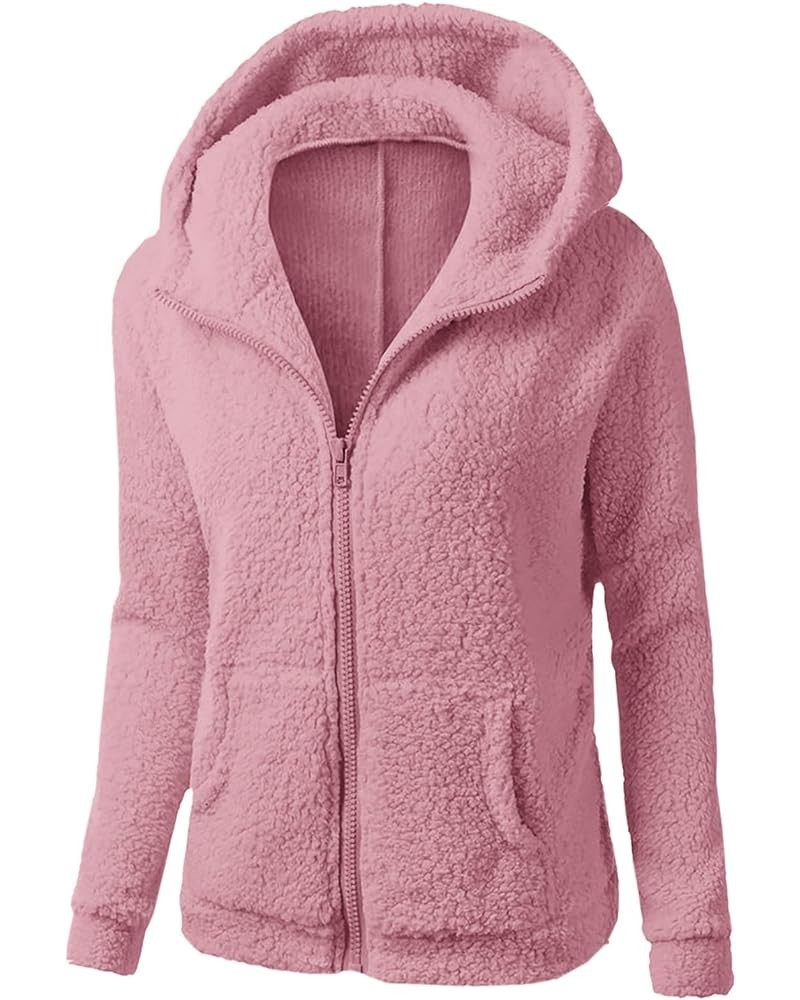 Womens Winter Cozy Sherpa Jacket Lamb Fleece Solid Color Coat Long Sleeve Zip Up Hoodie Outerwear with Pockets Hot Pink1 $11....