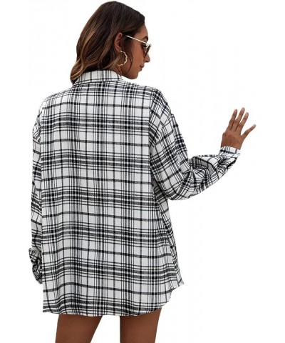 Women's Long Sleeve Collar Long Button Down Plaid Shirt Blouse Tops Plaid White Black $14.49 Blouses