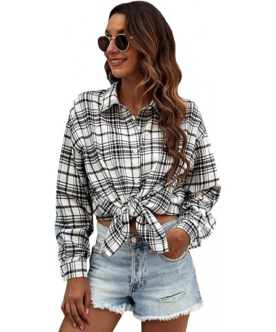 Women's Long Sleeve Collar Long Button Down Plaid Shirt Blouse Tops Plaid White Black $14.49 Blouses