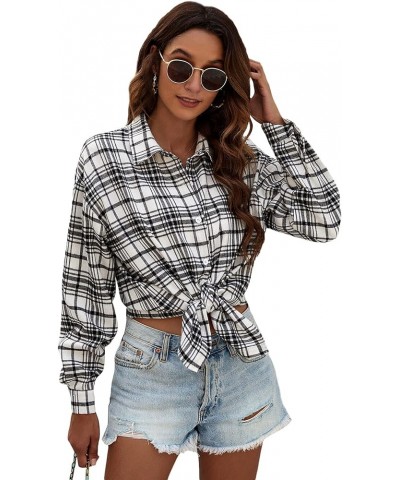 Women's Long Sleeve Collar Long Button Down Plaid Shirt Blouse Tops Plaid White Black $14.49 Blouses