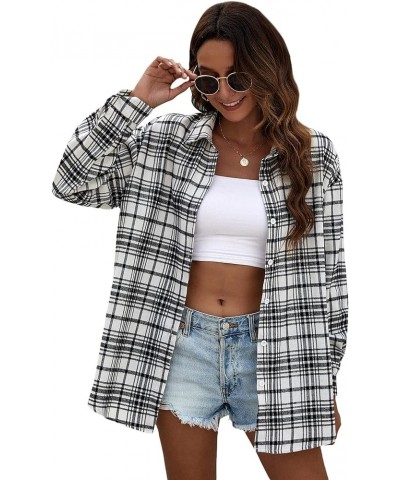 Women's Long Sleeve Collar Long Button Down Plaid Shirt Blouse Tops Plaid White Black $14.49 Blouses