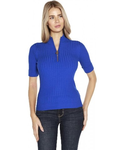 Casual Tops for Women Knit Pullover Top Quarter Zip with Cuffed Short Sleeves Cobalt $22.50 Sweaters