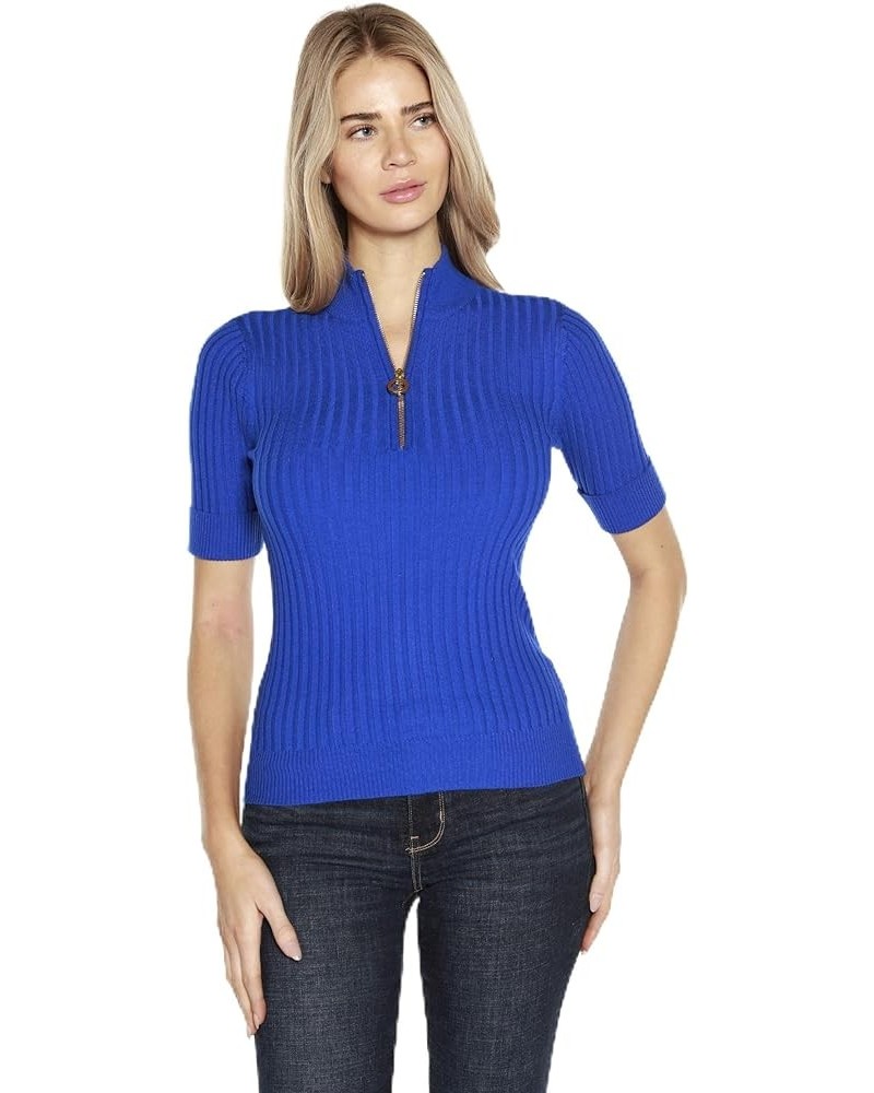 Casual Tops for Women Knit Pullover Top Quarter Zip with Cuffed Short Sleeves Cobalt $22.50 Sweaters