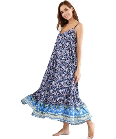 Women's V-Neck Floral Print Spaghetti Strap Boho Beach Long Maxi Summer Casual Dress with Pockets Blue $16.20 Dresses