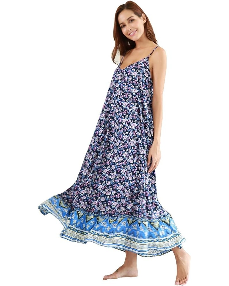 Women's V-Neck Floral Print Spaghetti Strap Boho Beach Long Maxi Summer Casual Dress with Pockets Blue $16.20 Dresses