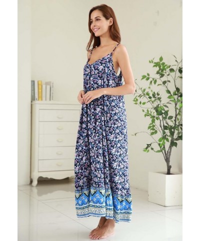 Women's V-Neck Floral Print Spaghetti Strap Boho Beach Long Maxi Summer Casual Dress with Pockets Blue $16.20 Dresses