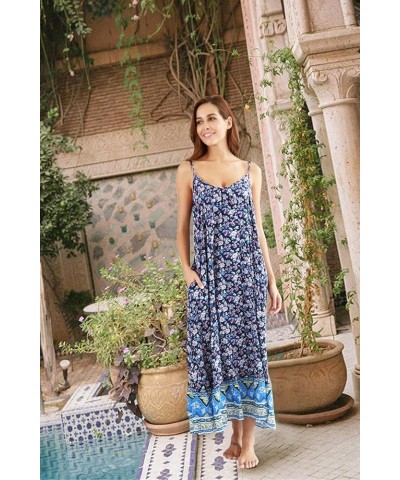 Women's V-Neck Floral Print Spaghetti Strap Boho Beach Long Maxi Summer Casual Dress with Pockets Blue $16.20 Dresses