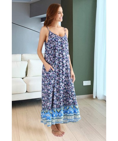 Women's V-Neck Floral Print Spaghetti Strap Boho Beach Long Maxi Summer Casual Dress with Pockets Blue $16.20 Dresses