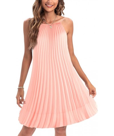 Women's Summer Spaghetti Strap Pleated Casual Swing Midi Dress with Belt Peach $17.20 Dresses