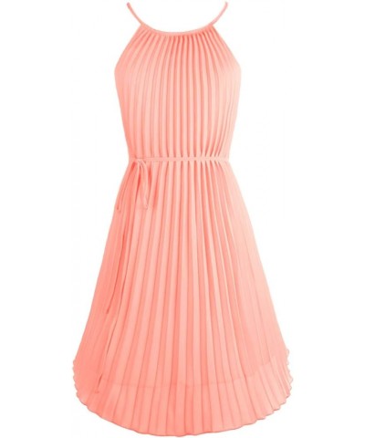 Women's Summer Spaghetti Strap Pleated Casual Swing Midi Dress with Belt Peach $17.20 Dresses