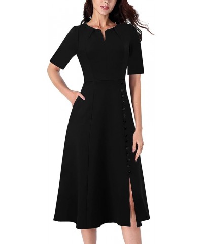 Women Pleated Neck Pockets Buttons Work Office Business A-Line Midi Dress Black (Short Sleeve)-5 $28.55 Dresses