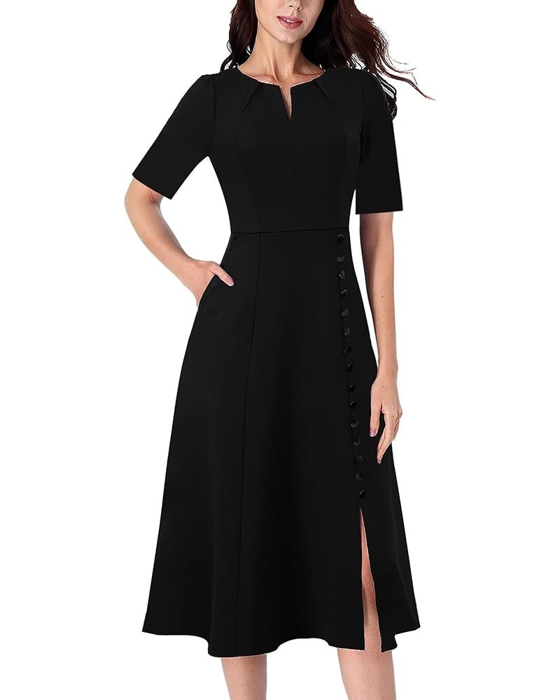 Women Pleated Neck Pockets Buttons Work Office Business A-Line Midi Dress Black (Short Sleeve)-5 $28.55 Dresses