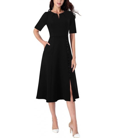 Women Pleated Neck Pockets Buttons Work Office Business A-Line Midi Dress Black (Short Sleeve)-5 $28.55 Dresses